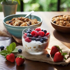 A bowl of yogurt with berries and a bowl of granola. Generative AI.