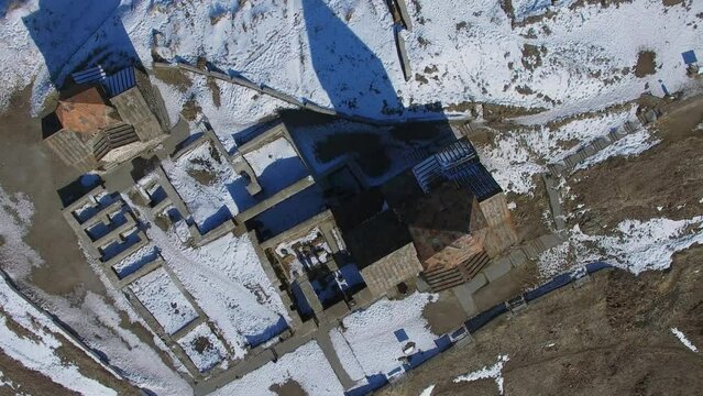 Sevanavank monastic complex covered by snow. 