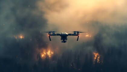 Drohne über einem Wald in Flammen (KI-/AI-generiert) - obrazy, fototapety, plakaty