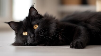 Black Norwegian Forest Cat indoors lounging the floor