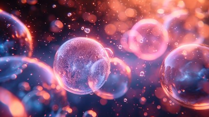  a group of soap bubbles floating on top of a blue and pink background with bubbles floating on top of each other.