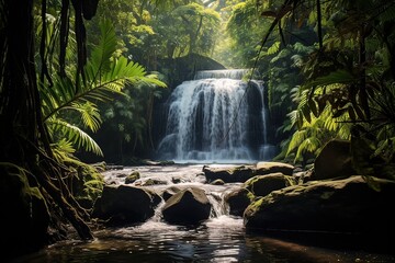 Enshrouded in the heart of the rainforest, the Whispering Falls offer a chorus of water cascading into a tranquil pool