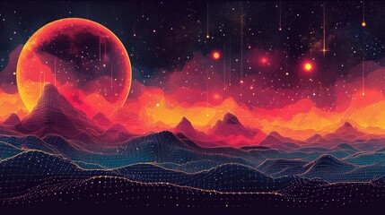  a painting of a landscape with mountains, stars, and a giant red ball in the middle of the sky. - obrazy, fototapety, plakaty