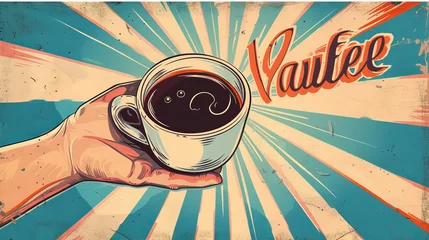 Fotobehang Retro compositie Take away retro illustration of vintage stylized human hand holds a cup of hot coffee. Vintage coffee break with handwritten hipster typography on grunge background with sun burst rays