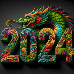 Colorful numbers 2024 and bright green dragon behind on dark background, Chinese New Year 2024