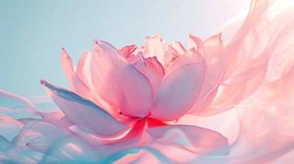  a close up of a pink flower on a blue and white background with a blurry image of the petals.