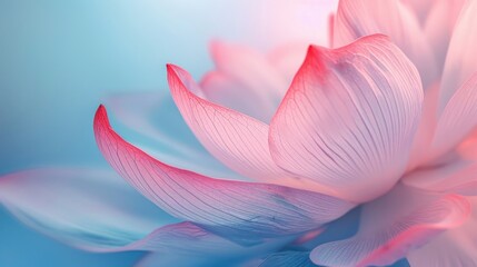  a close up of a pink flower on a blue and pink background with a blurry image of the petals.