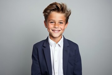 Portrait of a smiling little boy in a suit. Studio shot. - obrazy, fototapety, plakaty