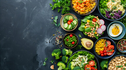 Assortment Of Healthy Food Dishes. Top View. Free.