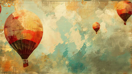  a painting of a group of hot air balloons flying in the sky with clouds in the sky in the background.