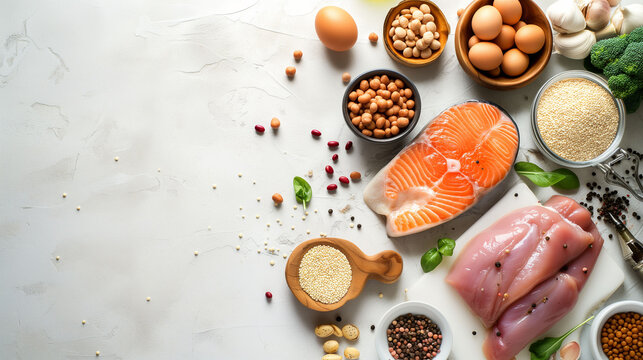 Healthy food clean eating selection: salmon, chicken, fish, vegetables, legumes, nuts, herbs and spices on a white background