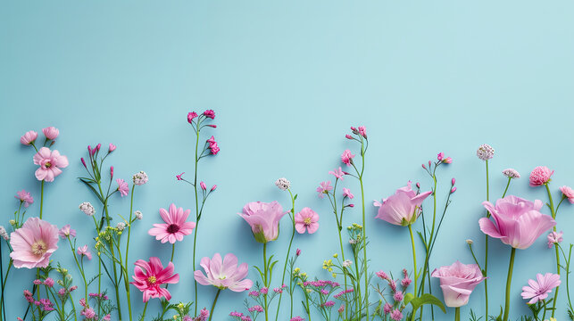 Flat lay spring pink flowers on a branch. Blue background graphic banner with copyspace