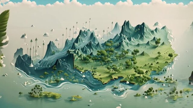 Nature infographic with mountains, rivers, islands, and trees painted with watercolor and digital techniques. Animation of the water cycle isolated on a white background with parallax effect
