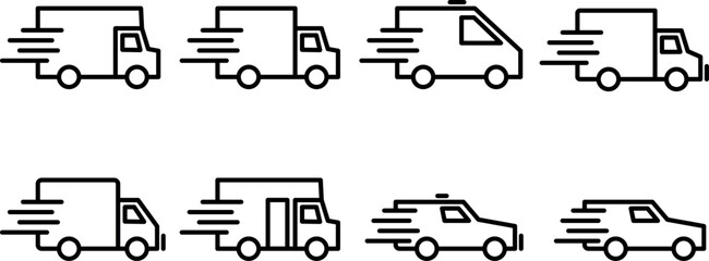 Delivery icon set. Freight transportation. Car, truck and passenger van icon. Transportation services. Vector illustration.