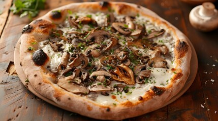 mushroom truffle pizza with a thin, chewy crust, rich truffle cream sauce, earthy wild mushrooms, and a sprinkle of fragrant truffle oil - obrazy, fototapety, plakaty