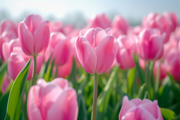 Spring tulips of the same color. Background with selective focus and copy space