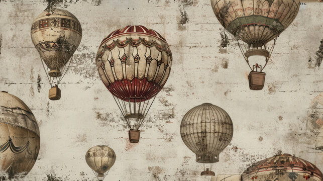  a number of hot air balloons flying in the sky with writing on the side of the wall in front of them.