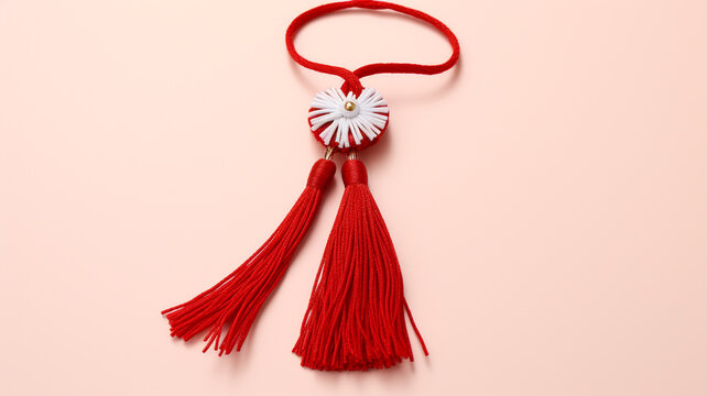 Martisor, red and white, yarn floss thread, holiday of welcoming spring in Moldova and Romania, celebrated on March , tradition give boutonnieres in the form of flowers Baba Marta.