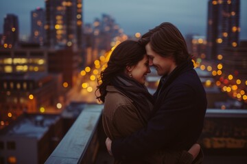 Fototapeta premium A couple shares a tender embrace on a city balcony, their love illuminated by the glowing skyscrapers and starry night sky above