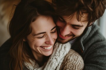 A happy couple in love, dressed in stylish clothing, share a smile and laughter as their eyes meet, radiating joy and affection in an indoor setting