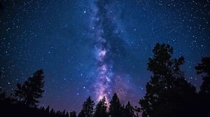 Fototapeta premium the night sky is filled with stars and the trees are silhouetted by the stars and the trees are silhouetted against the night sky.