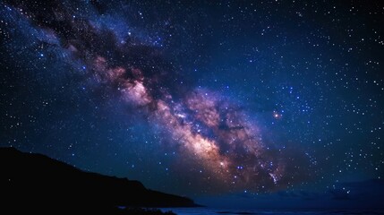  the night sky is filled with stars and the milky shines brightly above the ocean and a hill in the foreground.