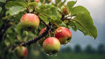 Apple tree after a rain, water droplets on leaves and apples, cloudy sky. generative AI