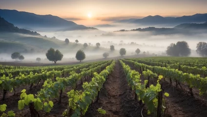 Fotobehang Rows of grapevines in a foggy valley at dawn, mysterious and serene. generative AI © Zohaib