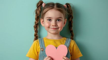 little cute girl holding a paper heart on a colored background in the studio, love, valentine's day, mother's day, congratulation, gift, celebration, child, kid, children, childhood