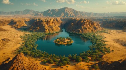  an aerial view of a small island in the middle of a lake in the middle of a desert with mountains in the background.