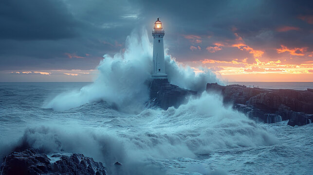  a lighthouse in the middle of a large body of water with waves crashing against it and a sunset in the background.