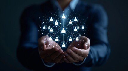 Businessman hold circle of network structure HR Human resources. Business leadership concept. Management and recruitment. Social network. Different person, business, leader