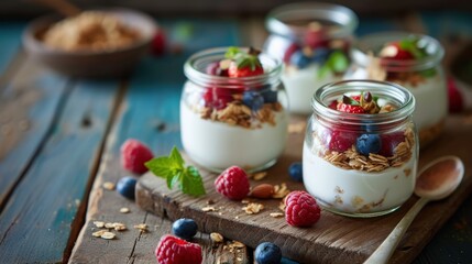 yogurt to various jars and dishes, try a variety of toppings and always include large container in shot, food, dessert, sweet, fresh, dairy, delicious, breakfast, fruit, organic