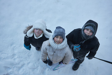 Snowy Summit Sojourn, Three Adventurous Children Gracefully Glide on Skis Amidst Mountainscape...