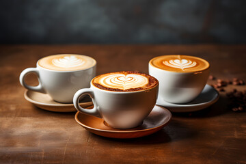 cups with aromatic latte and cappuccino coffee made from beans of different varieties and manufacturers. comparison of different coffee options