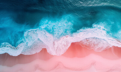 Fototapeta na wymiar Aerial view of a tropical sandy beach and ocean coastline in abstract pink and blue tones