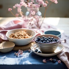  a bowl of cereal, a bowl of blueberries, and a bowl of cereal on a table with pink flowers.