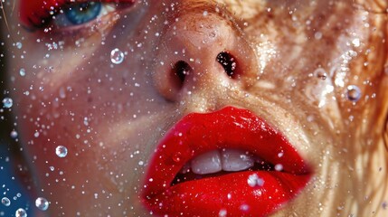  a close up of a woman's face with water droplets on her face and red lipstick on her lips.