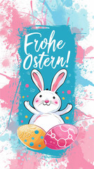 Happy Easter! Banner with easter eggs, bunny and calligraphy text "Frohe Ostern". Modern style. Background for instagram story, vertical banner or greeting card