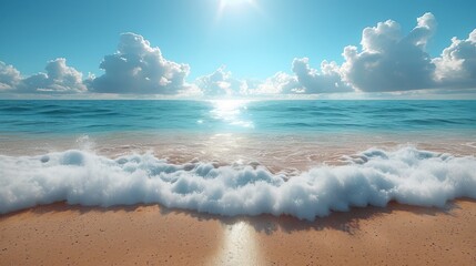  a picture of a beach with waves coming in to the shore and the sun shining through the clouds in the sky.