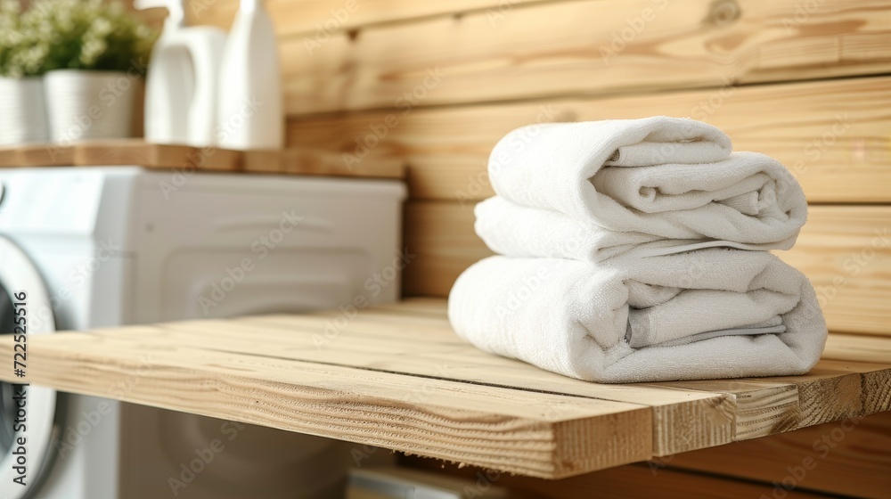 Poster A pristine stack of white towels adds a touch of warmth and rustic charm to the sleek wooden furniture in this cozy indoor setting