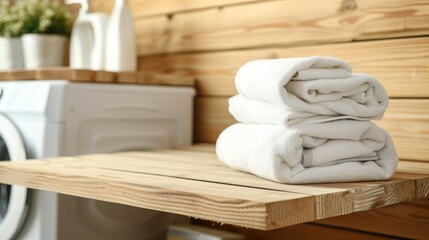 Fototapeta na wymiar A pristine stack of white towels adds a touch of warmth and rustic charm to the sleek wooden furniture in this cozy indoor setting
