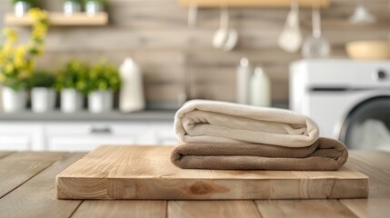 Fototapeta na wymiar A neat pile of soft towels adds a touch of warmth to the sleek and modern kitchen, resting upon a rustic wooden table with a smooth surface