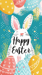 Happy Easter! Banner with easter bunny and calligraphy text "Happy Easter". Modern style, pastel colors. Instagram story, vertical banner or greeting card
