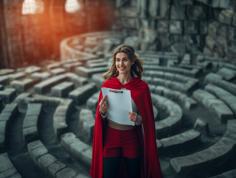 L&auml;chelnde Businessfrau mit Papieren in der Hand als Superheldin vor einem Labyrinth