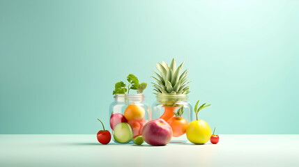 Creative display of mixed fruits in glass jars against a mint backdrop.
