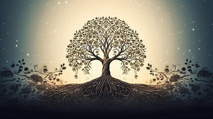 Tree of life illustration with intricate roots and starry night backdrop.