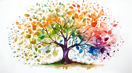 Watercolor tree with vibrant splashes of seasonal colors.