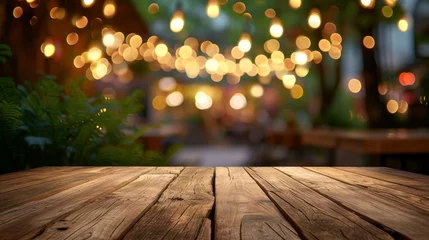 Fotobehang A rustic wooden table glows warmly in the outdoor night, surrounded by the soft twinkle of lights and the towering presence of a tree, creating a peaceful and enchanting atmosphere © ChaoticMind