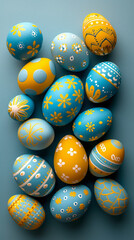 Fototapeta premium Happy Easter! Banner with blue and yellow easter eggs in a basket. Vertical banner, instastory background or greeting card.